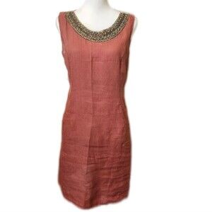Lina Tomei 100% Linen, Rust, Beaded Yoke, Side Pockets, Sheath Mini Dress, M